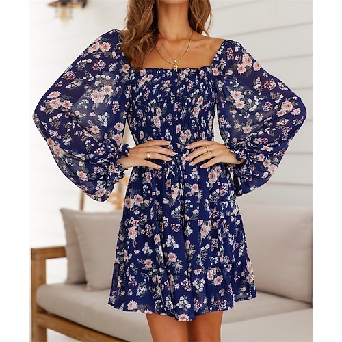 

Women's A Line Dress Short Mini Dress Dark Blue Red Long Sleeve Print Print Fall Winter Square Neck Stylish Casual Modern 2022 S M L XL