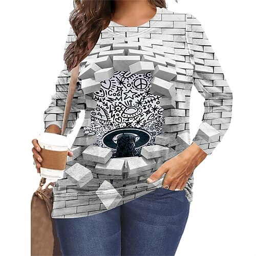 

Women's Plus Size Tops T shirt Tee Graphic Abstract Print Long Sleeve Round Neck Casual Daily Vacation Polyester Fall Winter White Black