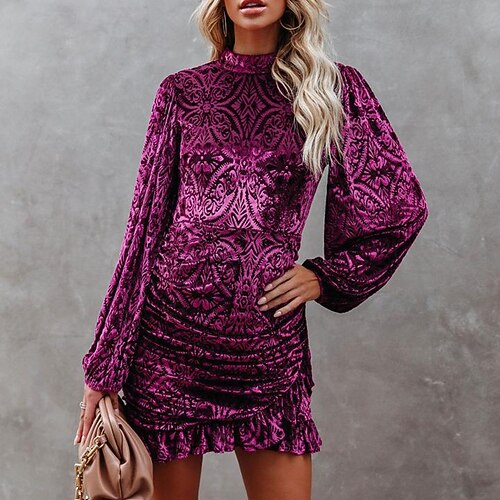 

Women's Velvet Dress Red Sheath Dress Blue Purple Wine Long Sleeve Floral Ruffle Puff Sleeve Velvet Winter Fall Turtleneck Sexy Fall Dress Puff Sleeve Slim 2022 XS S M L XL Winter Dress
