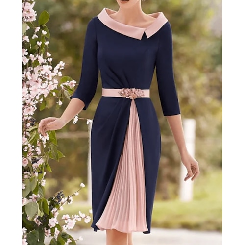 

Women's Sheath Dress Midi Dress Navy Blue 3/4 Length Sleeve Color Block Patchwork Winter Fall Autumn Crew Neck 2022 S M L XL 2XL 3XL