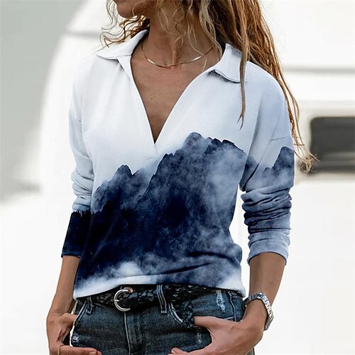 

Women's T shirt Tee White Black Gray Graphic Floral Print Long Sleeve Casual Weekend Basic Shirt Collar Regular Floral Cat Painting S / 3D Print