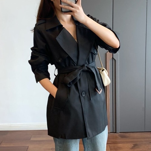 

Women's Trench Coat Warm Street Daily Vacation Casual Daily Button Pocket Double Breasted Turndown Active Fashion Street Style Solid Color Regular Fit Outerwear Long Sleeve Winter Fall Black Khaki