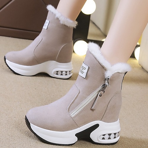 

Women's Boots Outdoor Daily Height Increasing Shoes Booties Ankle Boots Winter Fur Trim Hidden Heel Round Toe Sporty Casual Sweet Walking Shoes Faux Suede Zipper Color Block Solid Colored Black Beige