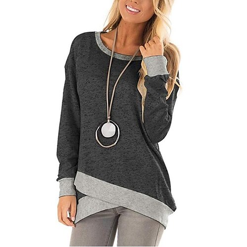 

Women's T shirt Tee Blue Wine Gray Color Block Long Sleeve Casual Daily Basic Round Neck Regular S