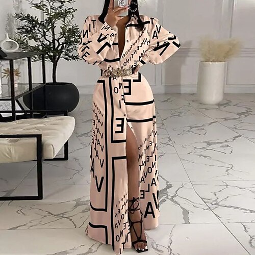 

Women's Casual Dress Shirt Dress Maxi long Dress Apricot Long Sleeve Letter Split With Belt Print Fall Winter Shirt Collar Fashion Casual 2022 S M L XL 2XL 3XL