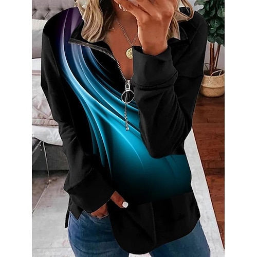 

Women's Hoodie Sweatshirt Streetwear Zipper Black White Gray Gradient Casual Daily Quarter Zip Long Sleeve