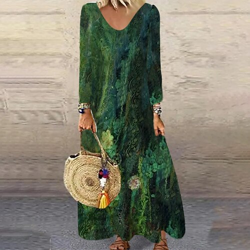 

Women's A Line Dress Maxi long Dress Dark Green Khaki Light gray Long Sleeve Floral Print Fall Winter V Neck Casual 2022 S M L XL XXL 3XL 4XL 5XL 6XL