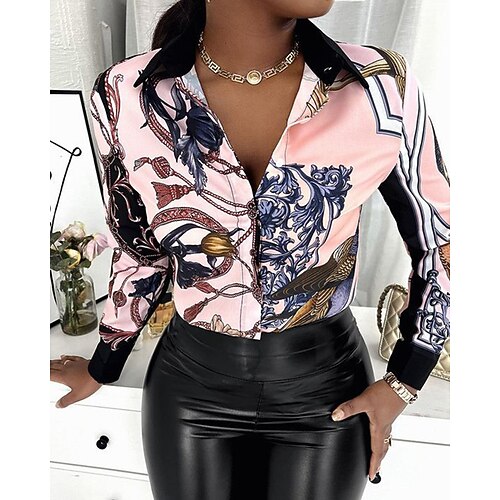 

Women's Blouse Shirt Pink Red Gray Graphic Leopard Button Print Long Sleeve Daily Weekend Streetwear Casual Shirt Collar Regular S / 3D Print