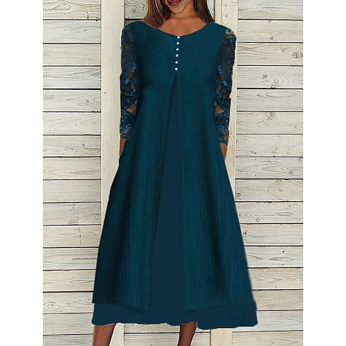 

Women's Gauze Dress Midi Dress Navy Blue 3/4 Length Sleeve Pure Color Lace Fall Winter Crew Neck Stylish Modern 2023 3XL