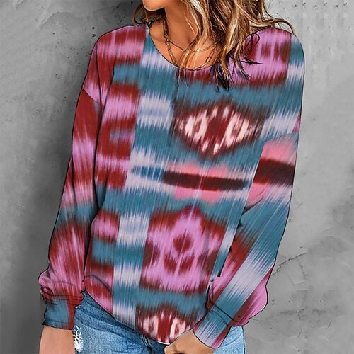 

Women's Sweatshirt Pullover Retro Purple Graphic Geometric Tie Dye Casual Round Neck Long Sleeve S M L XL 2XL 3XL / Winter