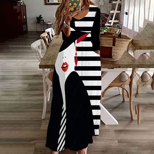 

Women's Casual Dress Shift Dress Long Dress Maxi Dress Black And White Long Sleeve Striped Patchwork Winter Fall Winter Dress Fall Dress 2022 XS S M L XL XXL 3XL 4XL