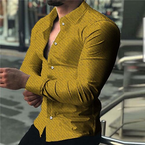 

Men's Shirt Graphic Shirt Geometry Turndown Yellow Gray 3D Print Outdoor Street Button-Down Print Clothing Apparel Fashion Designer Casual Breathable / Long Sleeve / Long Sleeve