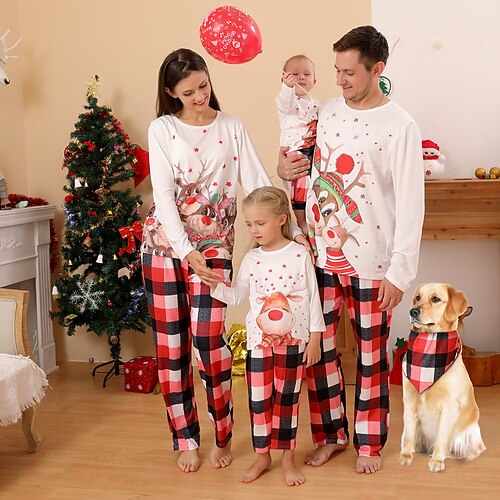 

Family Christmas Pajamas Ugly Cotton Plaid Deer Home White Long Sleeve Mom Dad and Me Daily Matching Outfits