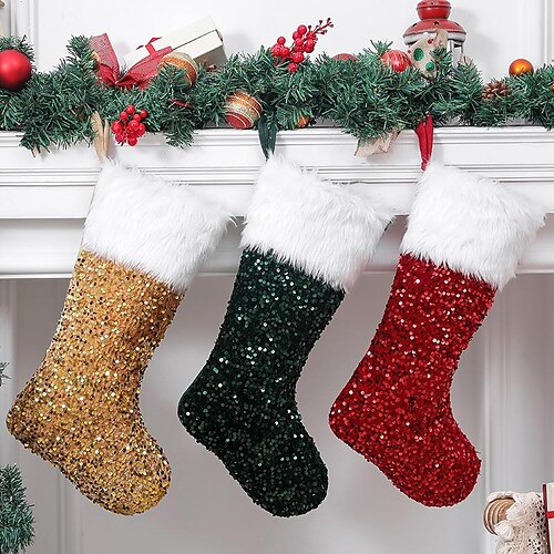 

Christmas Stock Red Sequins Xmas Stocking Reindeer Snowflake Rustic Socks Holders Ornament Luxury Gift Bags