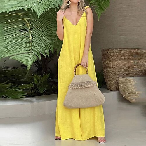 

Women's Jumpsuit Backless Solid Color V Neck Casual Street Daily Regular Fit Sleeveless Yellow S M L Fall