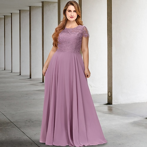 

A-Line Plus Size Curve Mother of the Bride Dresses Elegant Dress Formal Floor Length Short Sleeve Jewel Neck Chiffon with Pleats 2022