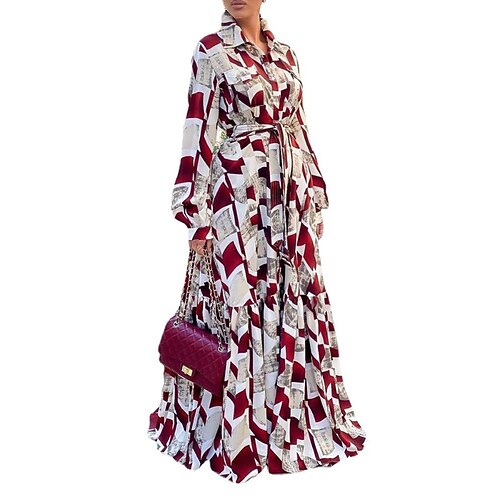 

Women's Plus Size Swing Dress Floral Shirt Collar Long Sleeve Fall Winter Work Formal Maxi long Dress Formal Work Dress