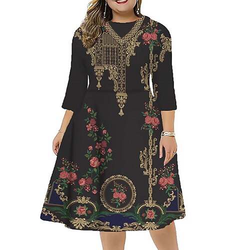 

Women's Plus Size Work Dress Floral Round Neck 3/4 Length Sleeve Fall Winter Stylish Work Midi Dress Vacation Going out Dress