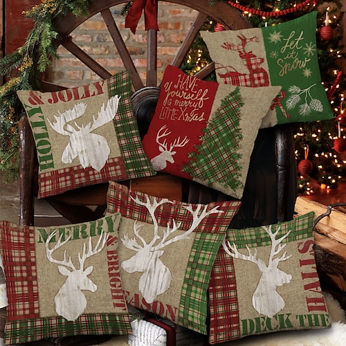 

Christmas Party Double Side Cushion Cover 6PC Reindeer Tree Soft Decorative Square Cushion Case Pillowcase for Bedroom Livingroom Sofa Couch Chair Superior Quality Machine Washable