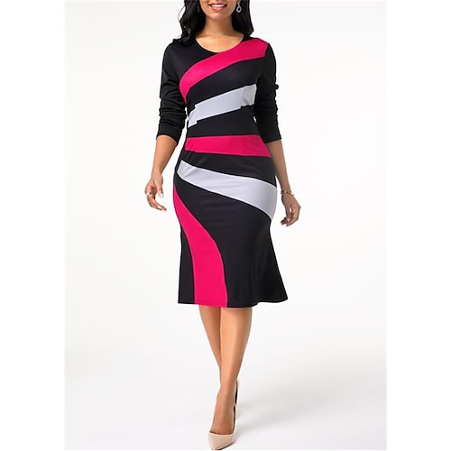

Women's Bodycon Sheath Dress Knee Length Dress Blue Orange Red Long Sleeve Geometric Patchwork Print Fall Winter Crew Neck Stylish Formal 2022 S M L XL 2XL 3XL 4XL 5XL
