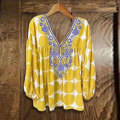 

Women's Plus Size Tops Blouse Shirt Floral Polka Dot Print Long Sleeve V Neck Casual Daily Vacation Polyester Fall Winter Yellow