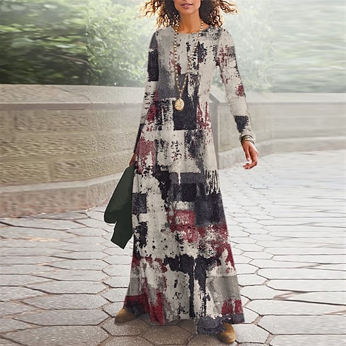 

Women's Casual Dress A Line Dress Maxi long Dress Black Gray Long Sleeve Color Block Geometric Pocket Print Fall Winter V Neck Casual Vacation Vintage 2022 S M L XL XXL 3XL
