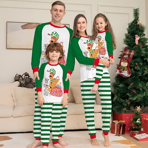 

Family Look Christmas Pajamas Dog Striped Home Green Long Sleeve Daily Matching Outfits