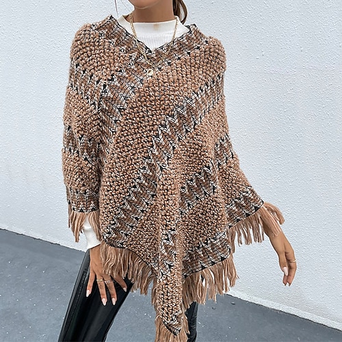 

Women's Poncho Sweater Jumper Chunky Knit Tunic Tassel Knitted Striped V Neck Stylish Casual Outdoor Daily Winter Fall Khaki S M L / Long Sleeve / Regular Fit / Going out