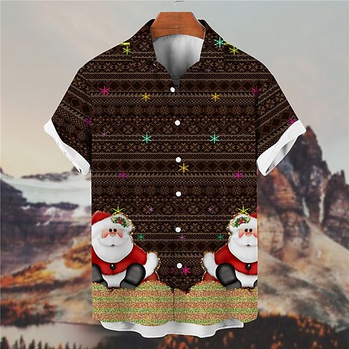 

Men's Shirt Graphic Shirt Santa Claus Snowflake Turndown Brown 3D Print Christmas Street Button-Down Print Clothing Apparel Vintage Designer Casual Breathable / Summer / Spring / Summer
