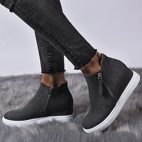 

Women's Sneakers Daily Plus Size Height Increasing Shoes Flat Heel Hidden Heel Round Toe Casual Suede Zipper Solid Colored Black Brown Gray