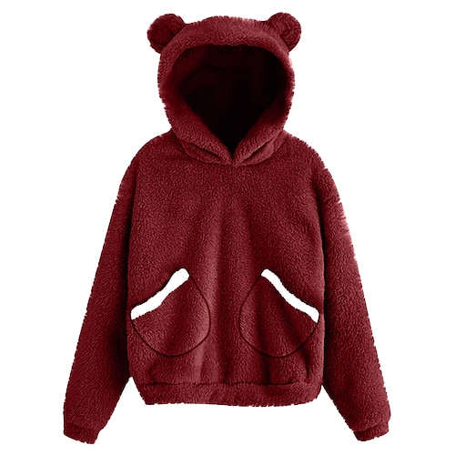 

Women's Pullover Cute Sherpa Fleece Teddy Front Pocket Wine Red Gray White Plain Dailywear Long Sleeve Fleece S M L XL XXL 3XL