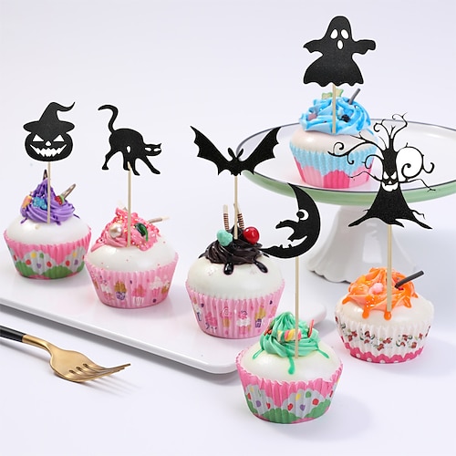

6pcs/pack Halloween Cupcake Topper Cake Wrappers Ghost Vampire Bloody Bat Cake Ornament For Halloween Dessert Decorations