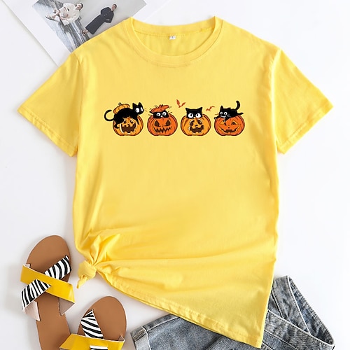 

Women's T shirt Tee Green Yellow Orange Graphic Cat Print Short Sleeve Halloween Daily Basic Halloween Round Neck Regular 100% Cotton Cat S