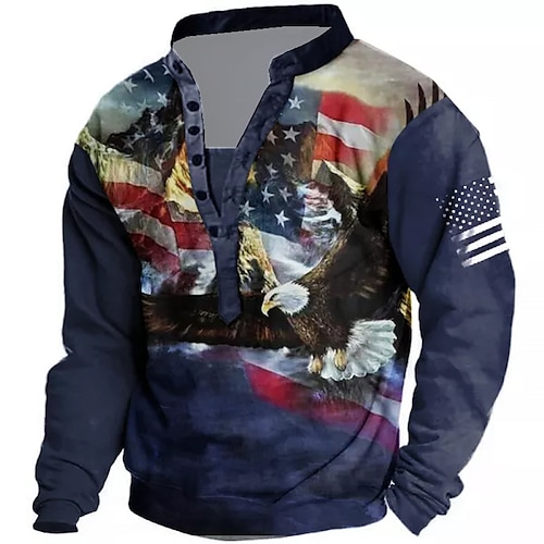 

Men's Unisex Sweatshirt Pullover Button Up Hoodie Blue Standing Collar Graphic Prints Eagle National Flag Print Casual Daily Sports 3D Print Streetwear Designer Casual Spring & Fall Clothing Apparel