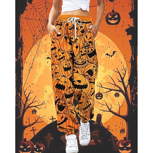 

Women's Sweatpants Jogging Pants Dark Yellow Black Grey Orange red Hip Hop Athleisure Halloween Weekend Side Pockets Print Micro-elastic Full Length Comfort Pumpkin S M L XL XXL