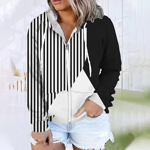 

Women's Plus Size Tops Hoodie Sweatshirt Striped Zipper Print Long Sleeve Hooded Streetwear Daily Vacation Polyester Fall Winter Black / 3D Print