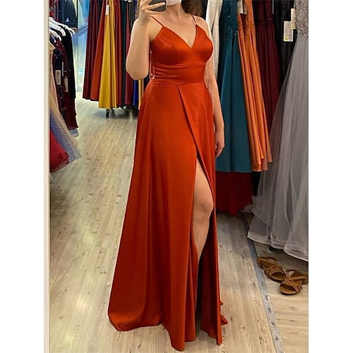 

A-Line Bridesmaid Dress V Neck / Spaghetti Strap Sleeveless Elegant Floor Length Satin with Split Front / Solid Color 2022