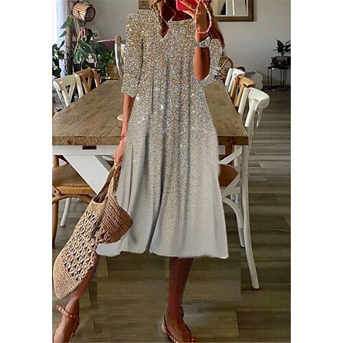 

Women's Casual Dress Shift Dress Midi Dress Gold 3/4 Length Sleeve Color Gradient Ruched Winter Fall Autumn 2022 S M L XL XXL 3XL