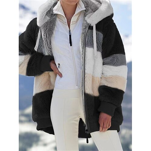 

Women's Sherpa Jacket Fleece Teddy Coat with hood Fall Winter Warm Short Coat Daily Wear Vacation Pocket Zipper Hoodie Active Chic & Modern Comfortable Street Style Stripes Regular Fit Outerwear