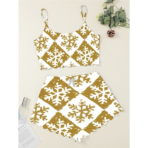 

Women's ChristmasPjs Plus Size Pajamas Sets 2 Pieces Snowflake Fashion Comfort Soft Home Carnival Breathable Gift Straps Sleeveless Strap Top Shorts Elastic Waist Spring Summer Gold