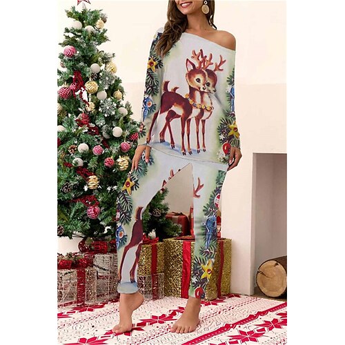 

Women's ChristmasPjs Pajamas Sets 2 Pieces Animal Elk Comfort Soft Home Bed Cotton Spandex Jersey Long Sleeve T shirt Tee Pant Elastic Waist Winter Fall Green Blue