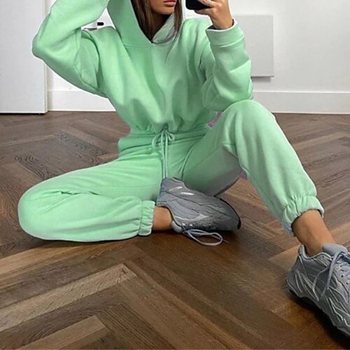 

Women's Loungewear Sets Winter Nighty 2 Pieces Pure Color Fashion Sport Simple Home Street Airport Polyester Breathable Hoodie Long Sleeve Hoodie Pant Elastic Waist Winter Fall Green Blue