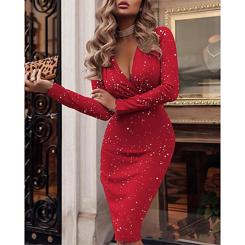 

Women's Cocktail Party Dress Bodycon Sheath Dress Knee Length Dress Black Red Long Sleeve Print Ruched Winter Fall Autumn V Neck Stylish Winter Dress Slim 2023 S M L XL