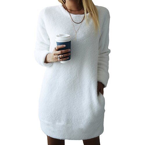 

Women's Sweater Jumper Dress Casual Dress Short Mini Dress White Long Sleeve Pure Color Pocket Fall Winter Round Neck Casual 2022 S M L XL