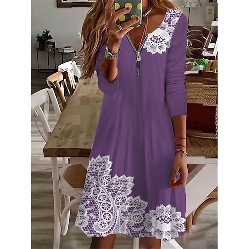 

Women's Casual Dress Purple Khaki Long Sleeve Floral Zipper Winter Fall Autumn V Neck Winter Dress Fall Dress 2022 S M L XL 2XL 3XL 4XL 5XL 6XL