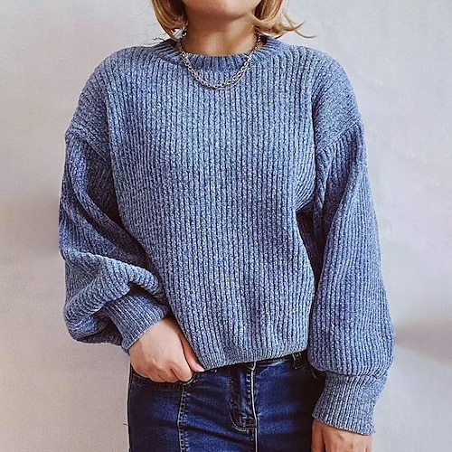 

Women's Pullover Sweater jumper Jumper Ribbed Knit Knitted Pure Color Crew Neck Stylish Casual Outdoor Holiday Winter Fall Blue Purple S M L / Long Sleeve / Regular Fit / Going out