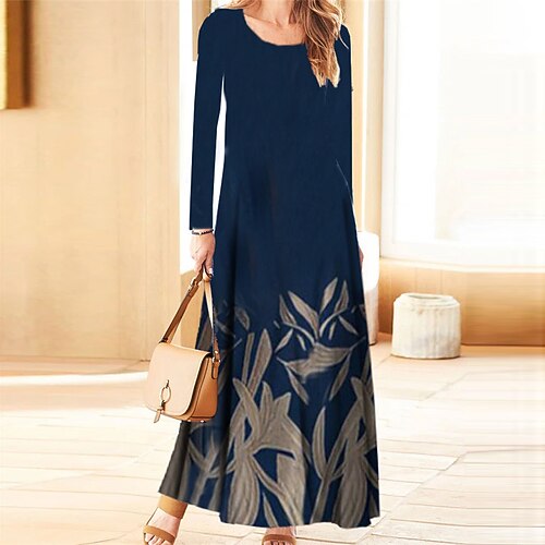 

Women's Casual Dress A Line Dress Maxi long Dress Navy Blue Long Sleeve Floral Pocket Print Fall Winter V Neck Casual Vacation 2022 S M L XL XXL 3XL