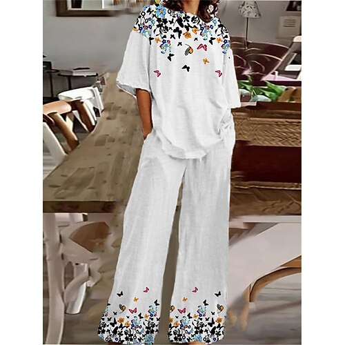 

Women's Loungewear Sets 2 Pieces Animal Butterfly Fashion Comfort Home Street Cotton Spandex Jersey Crew Neck Short Sleeve T shirt Tee Pant Fall Spring White