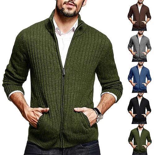

Men's Cardigan Sweater Ribbed Knit Cropped Knitted Solid Color Stand Collar Basic Stylish Outdoor Daily Clothing Apparel Fall Winter Blue Army Green M L XL / Cotton / Long Sleeve / Long Sleeve