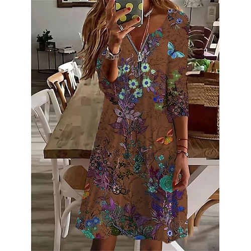 

Women's Casual Dress Blue Brown Gray Long Sleeve Floral Zipper Winter Fall Autumn V Neck Winter Dress Fall Dress 2022 S M L XL 2XL 3XL 4XL 5XL 6XL